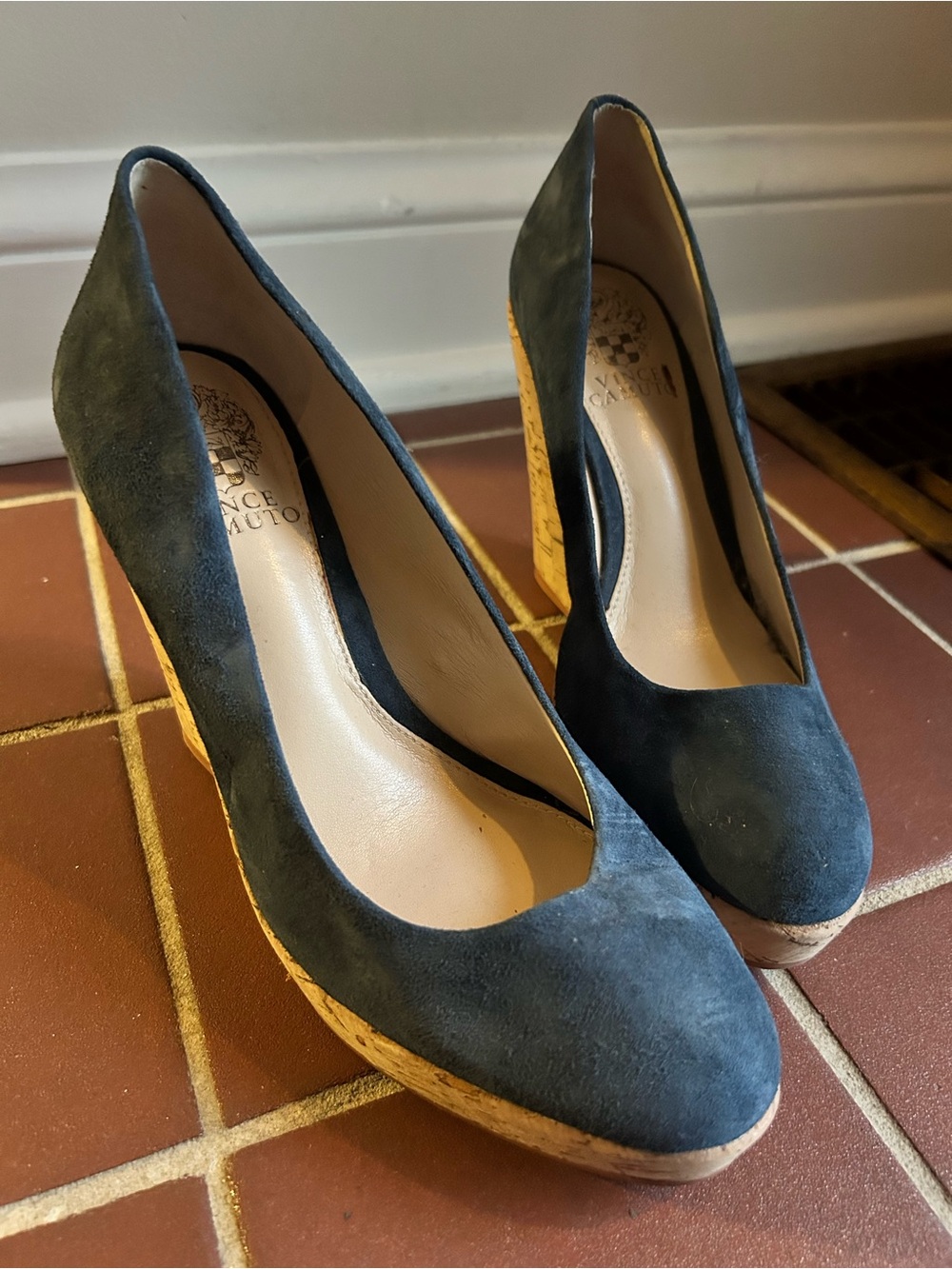 Vince Camuto Dark Blue Suede Cork Wedge Pumps